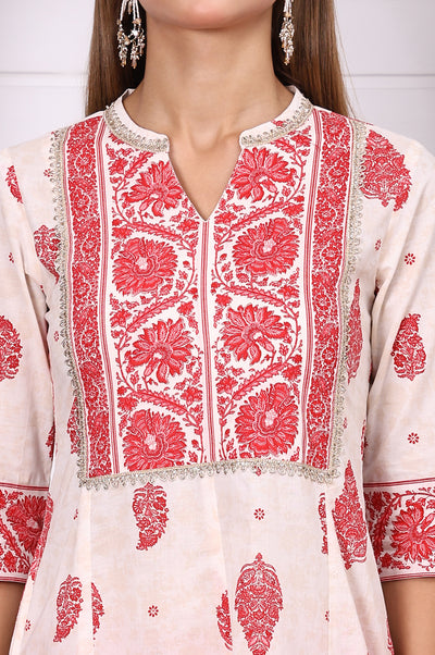 White Abstract Printed Pure Cotton Anarkali Festive Kurta with Lace