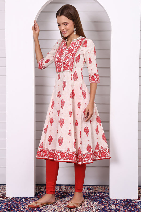 White Abstract Printed Pure Cotton Anarkali Festive Kurta with Lace