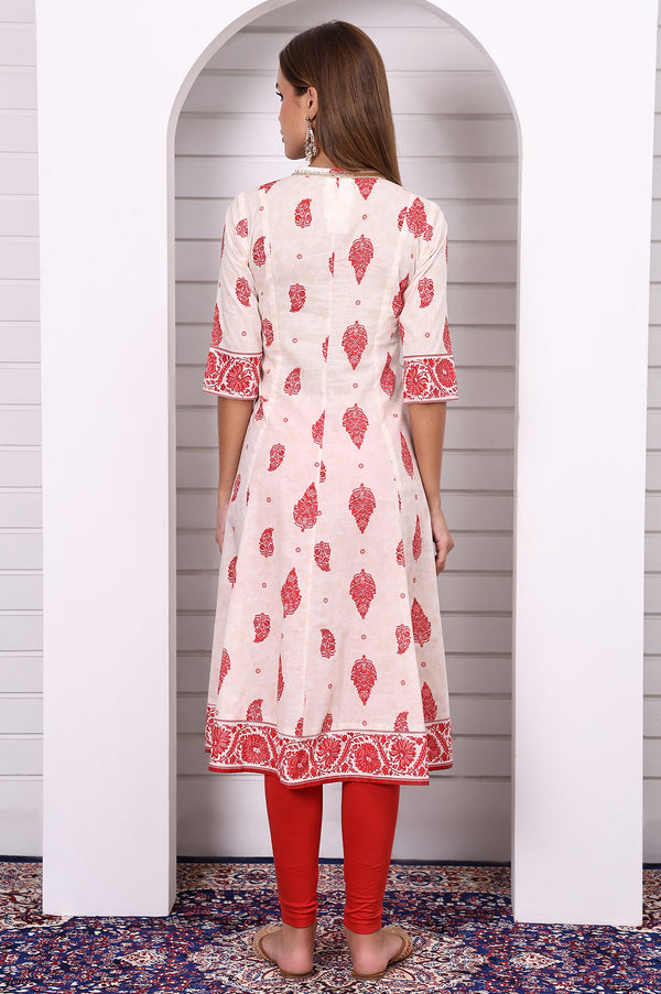 White Abstract Printed Pure Cotton Anarkali Festive Kurta with Lace