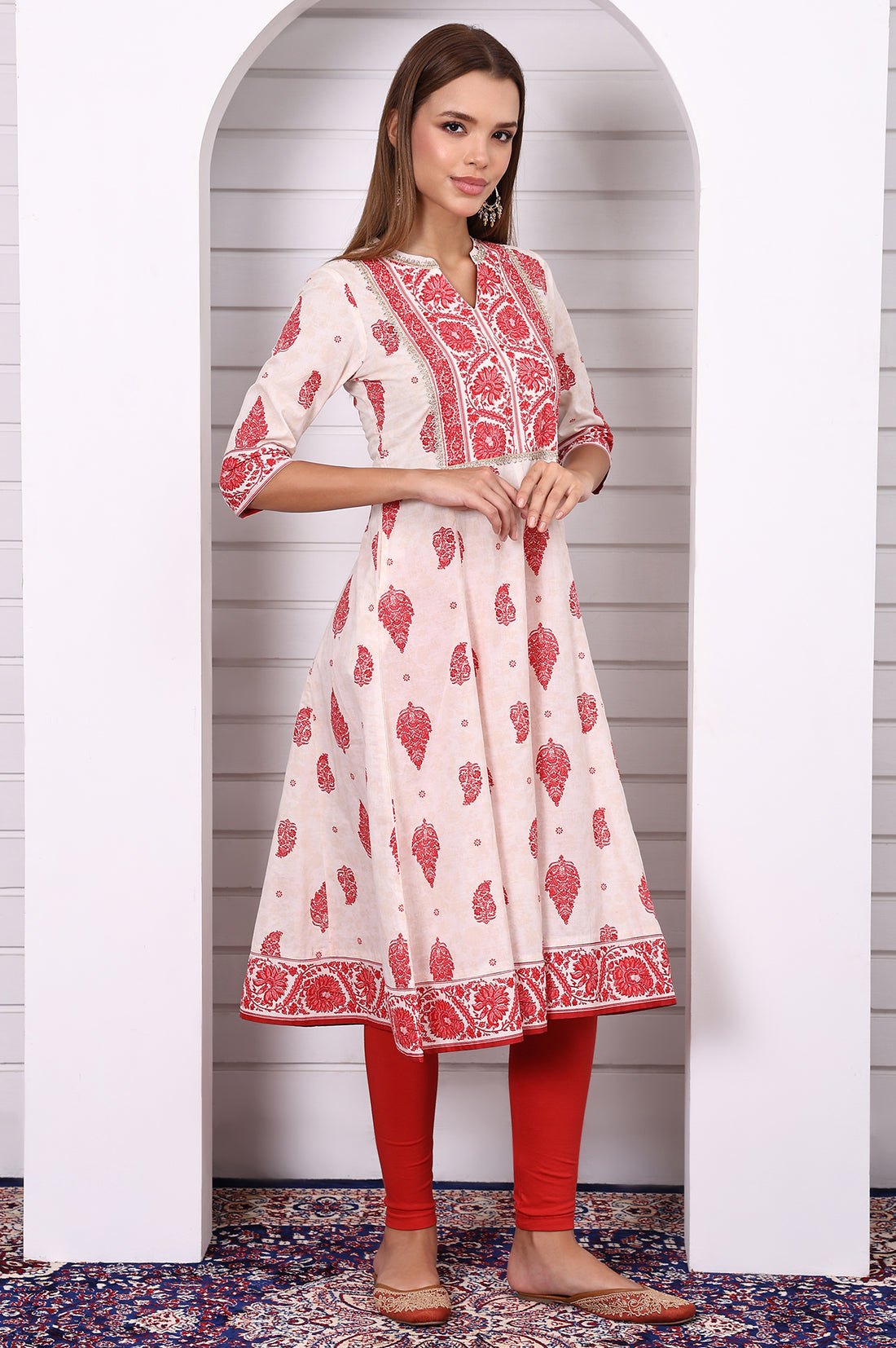 White Abstract Printed Pure Cotton Anarkali Festive Kurta with Lace