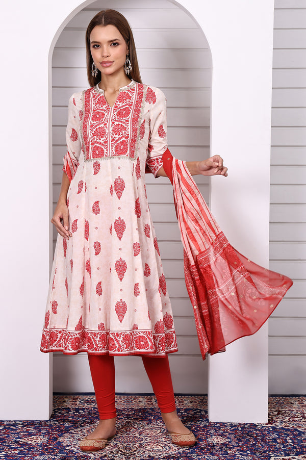 White Abstract Printed Pure Cotton Anarkali Festive Kurta with Lace