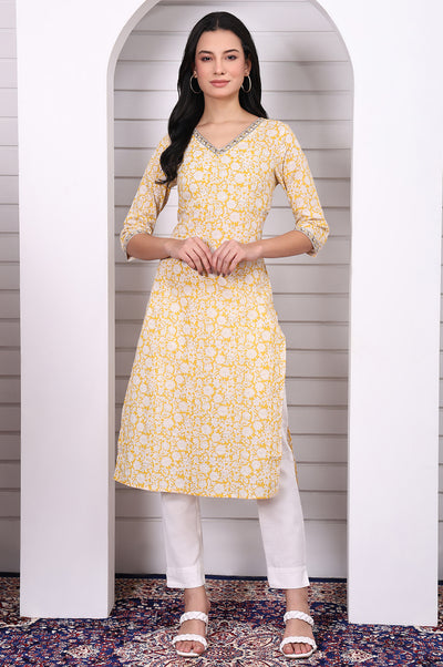 Yellow Floral Printed Cotton Lurex Straight Kurta with Lace