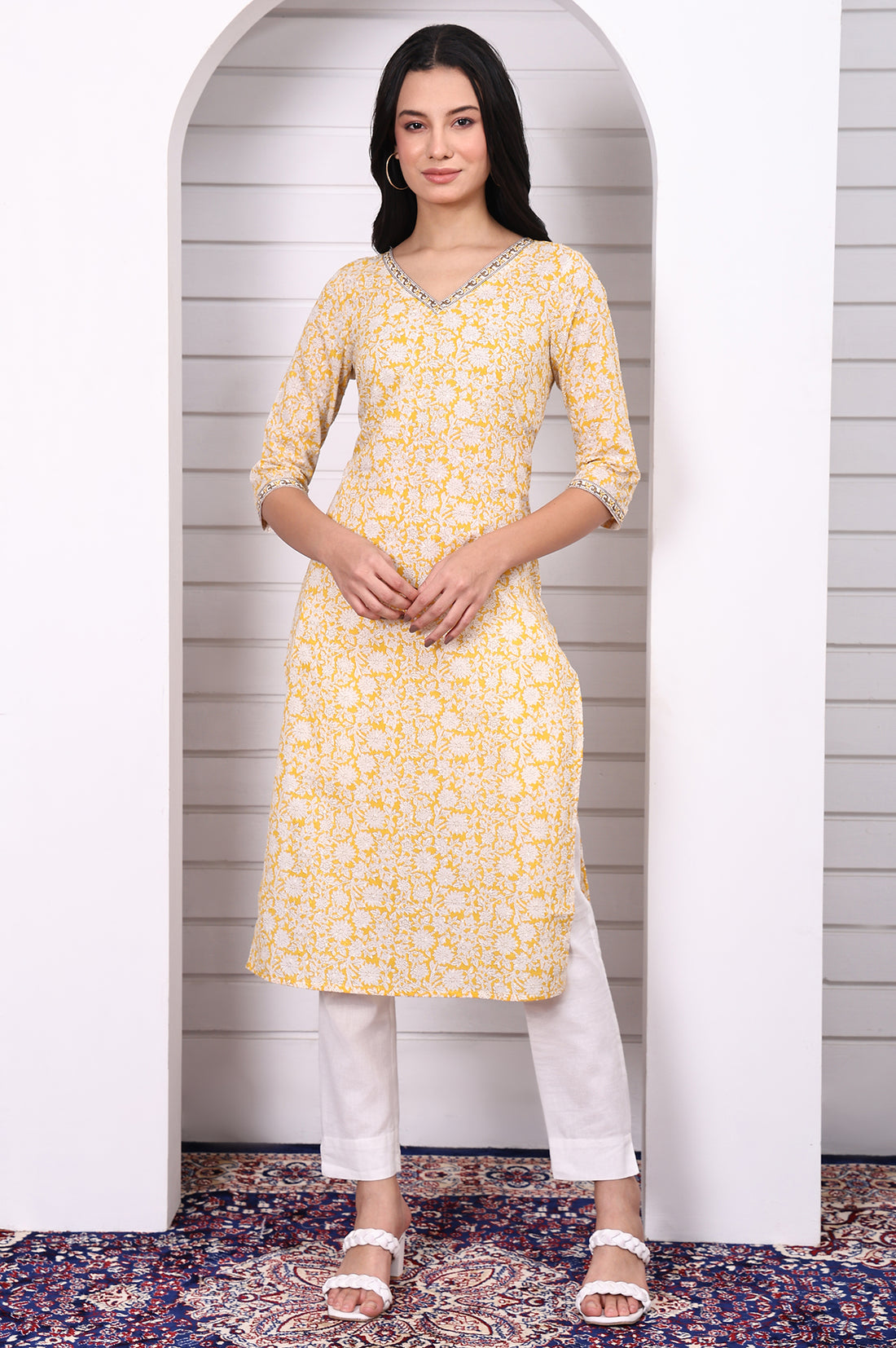 Yellow Floral Printed Cotton Lurex Straight Kurta with Lace