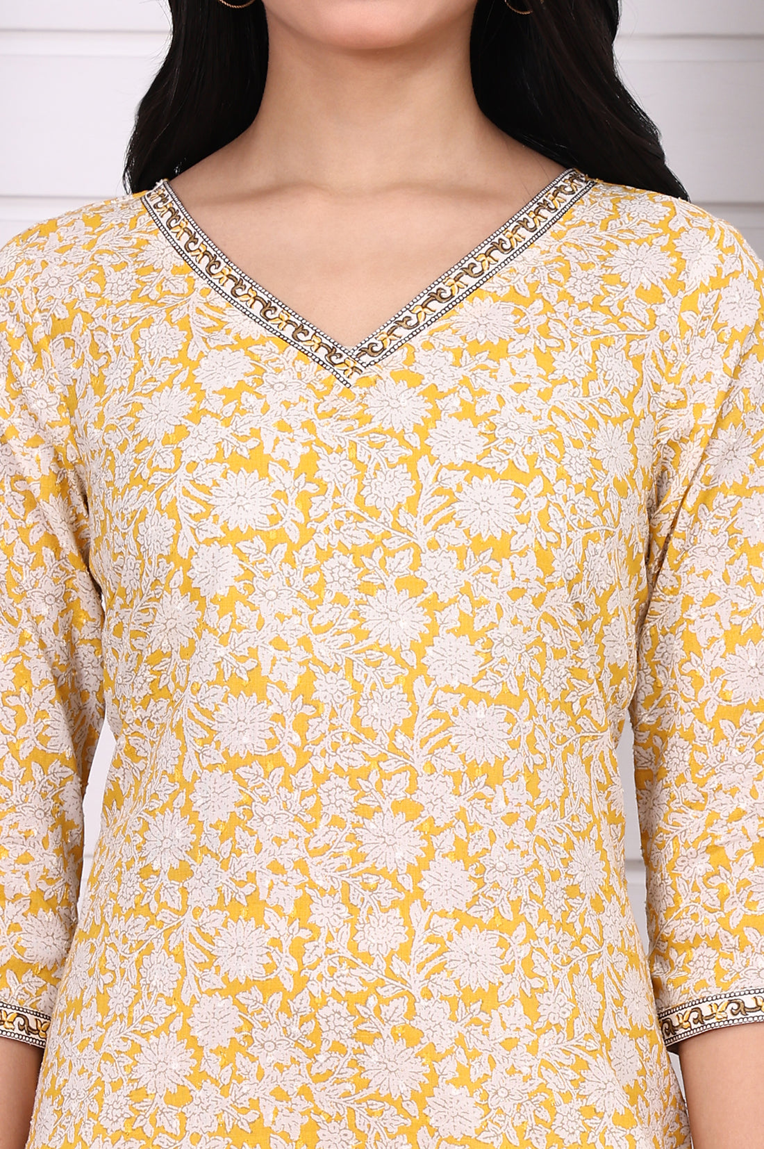 Yellow Floral Printed Cotton Lurex Straight Kurta with Lace