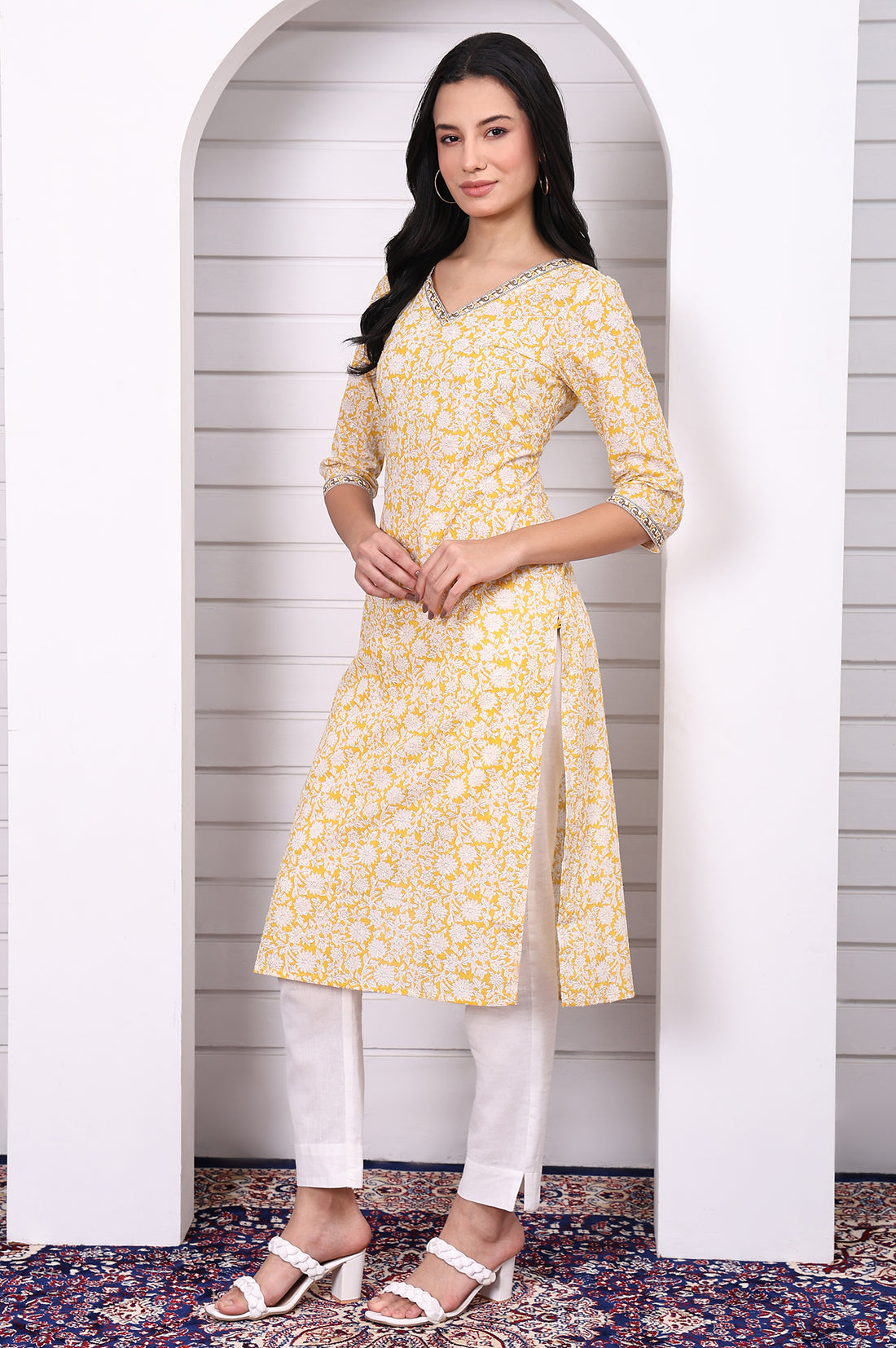 Yellow Floral Printed Cotton Lurex Straight Kurta with Lace
