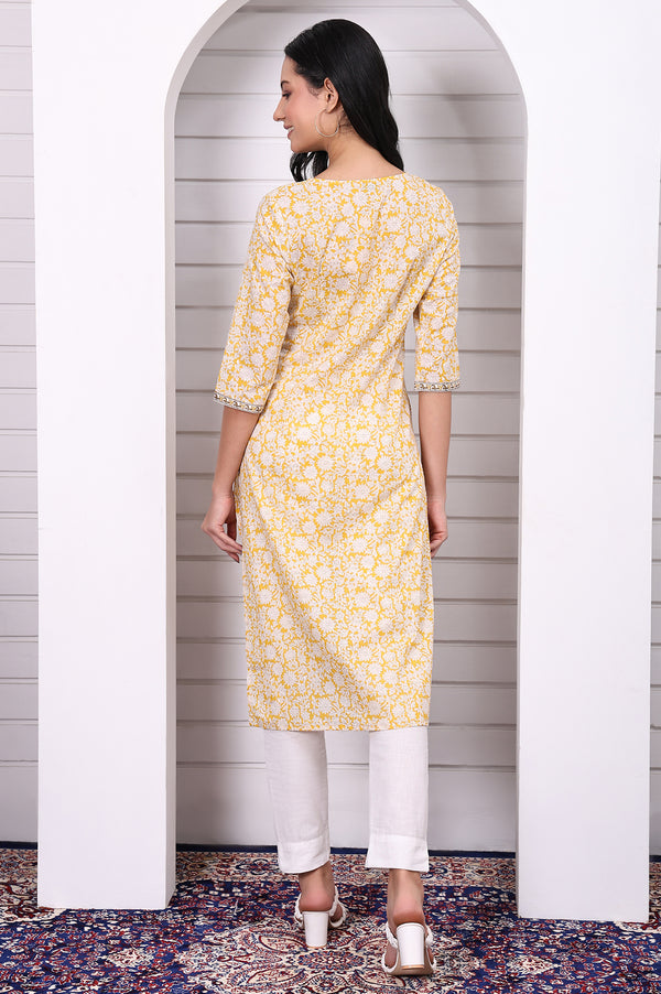 Yellow Floral Printed Cotton Lurex Straight Kurta with Lace
