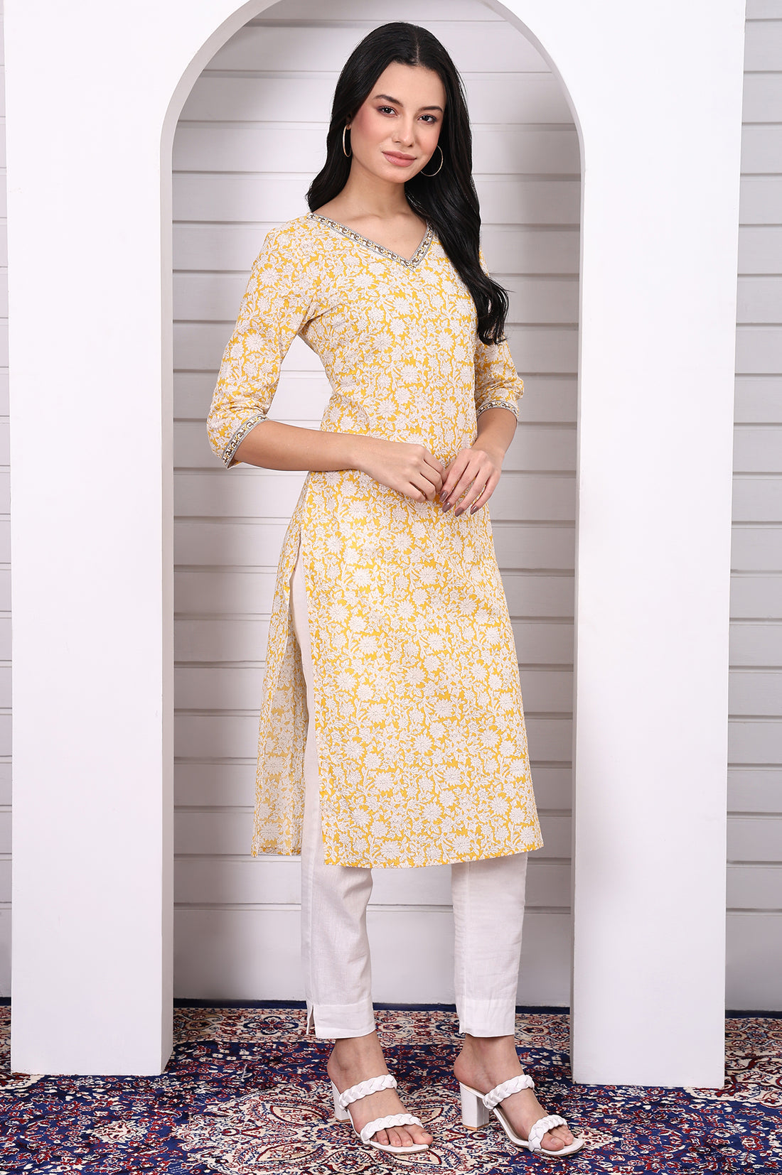 Yellow Floral Printed Cotton Lurex Straight Kurta with Lace