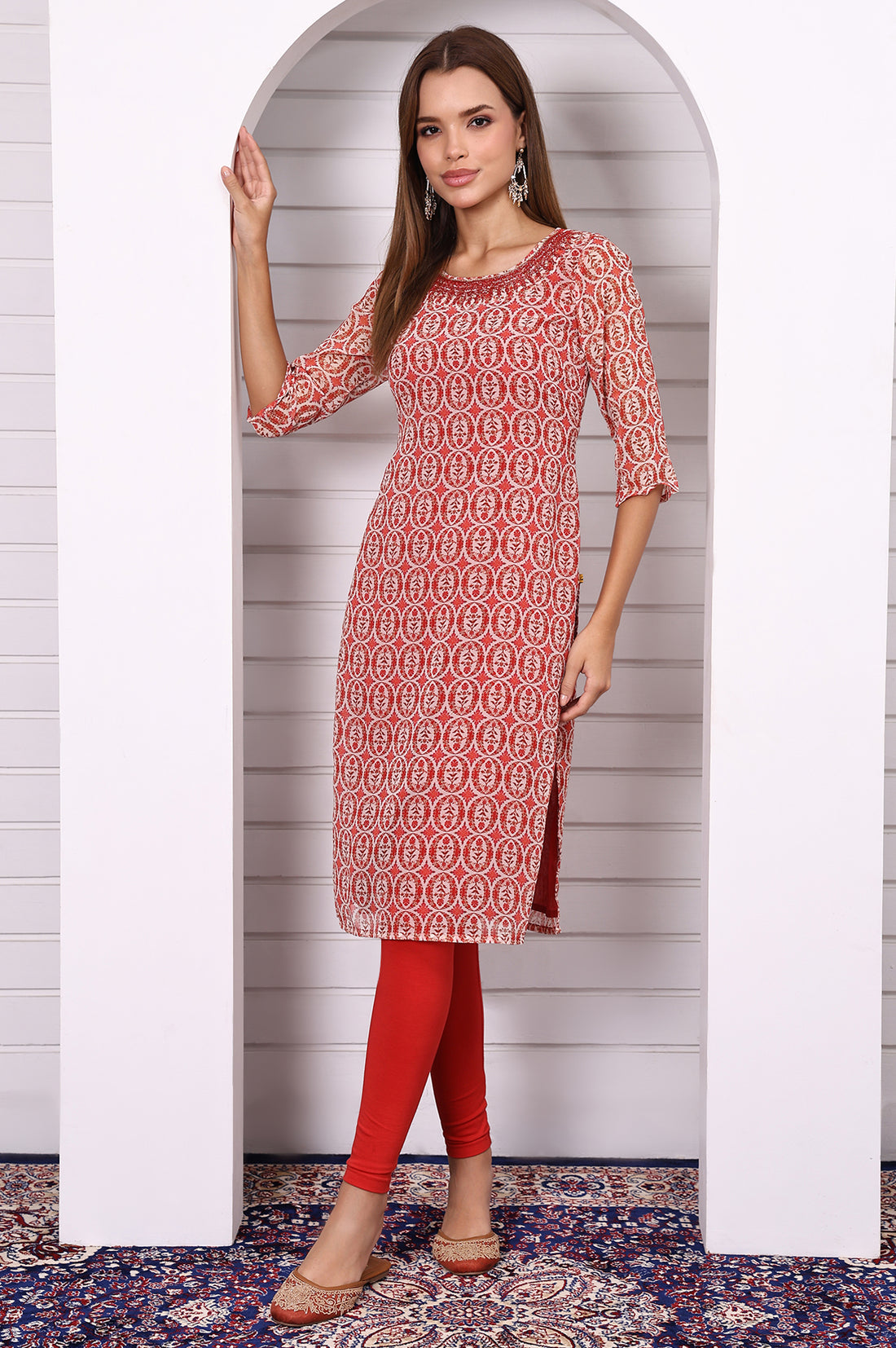 Red Abstract Printed Georgette Straight Kurta with Embroidered Round Neck