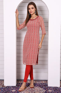 Red Abstract Printed Georgette Straight Kurta with Embroidered Round Neck