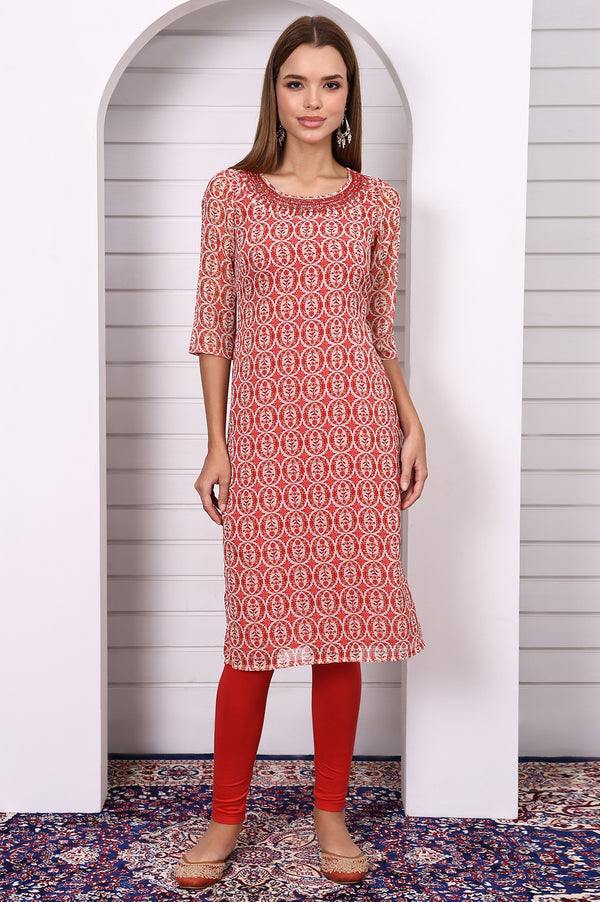 Red Abstract Printed Georgette Straight Kurta with Embroidered Round Neck
