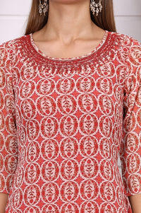 Red Abstract Printed Georgette Straight Kurta with Embroidered Round Neck