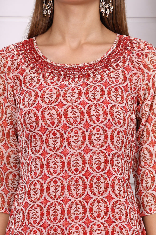 Red Abstract Printed Georgette Straight Kurta with Embroidered Round Neck