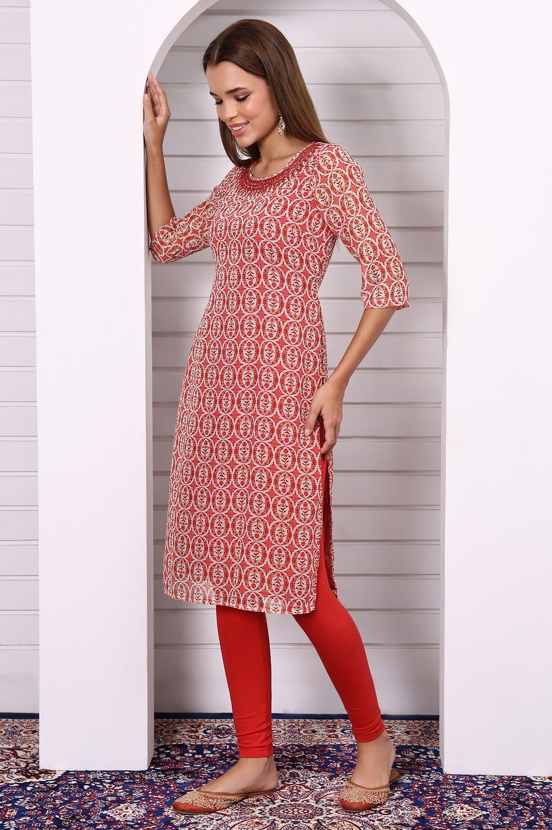 Red Abstract Printed Georgette Straight Kurta with Embroidered Round Neck