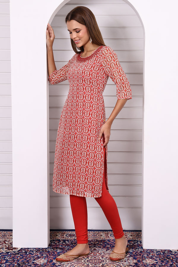 Red Abstract Printed Georgette Straight Kurta with Embroidered Round Neck