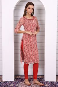 Red Abstract Printed Georgette Straight Kurta with Embroidered Round Neck