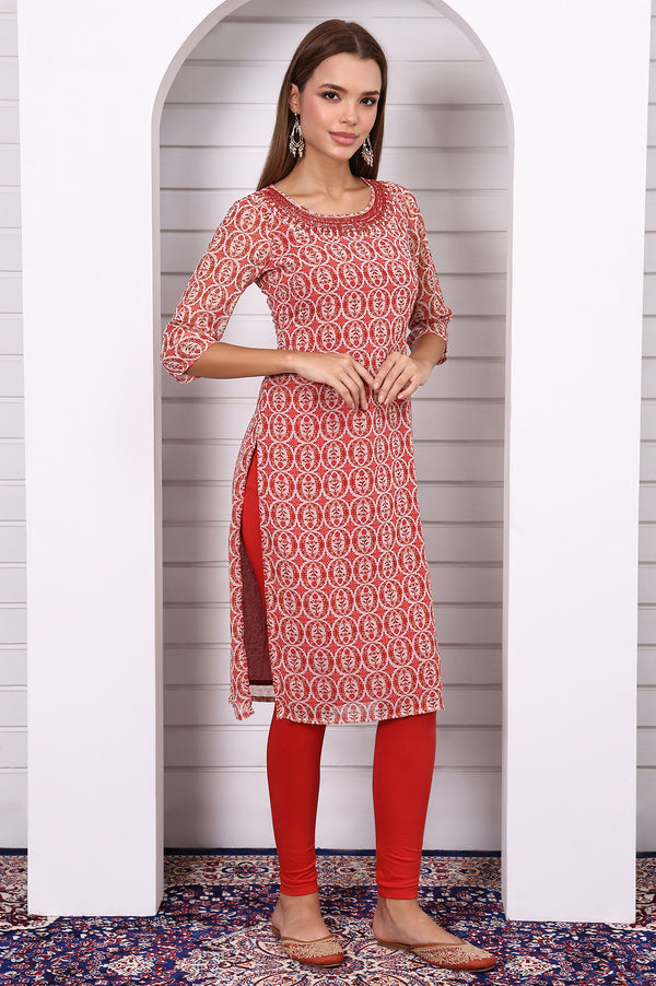 Red Abstract Printed Georgette Straight Kurta with Embroidered Round Neck