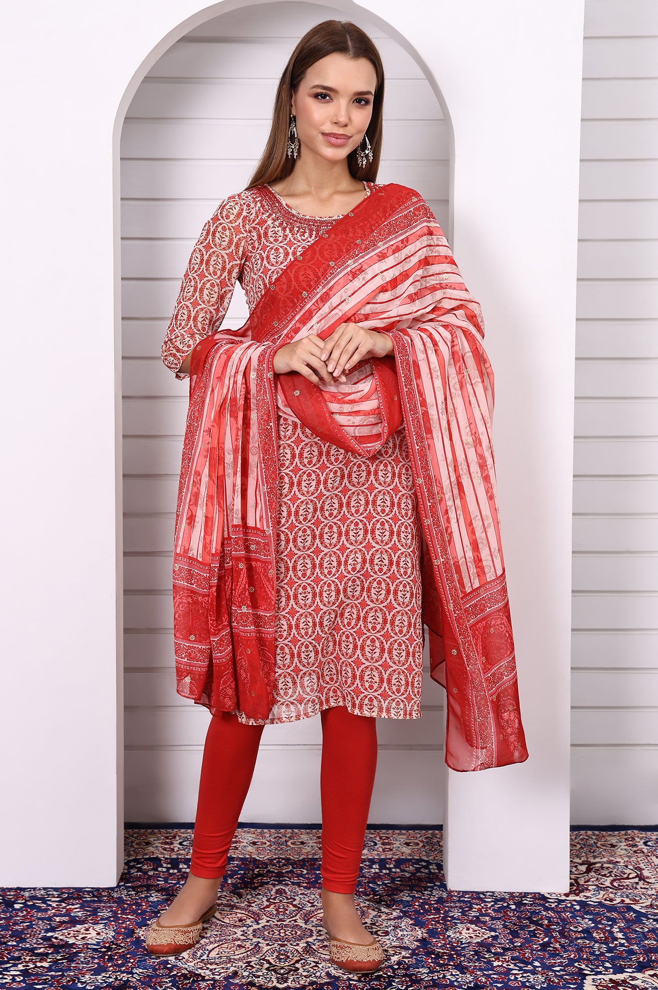 Buy Red Embroidered Zari Work Straight Woven Kurta Online for