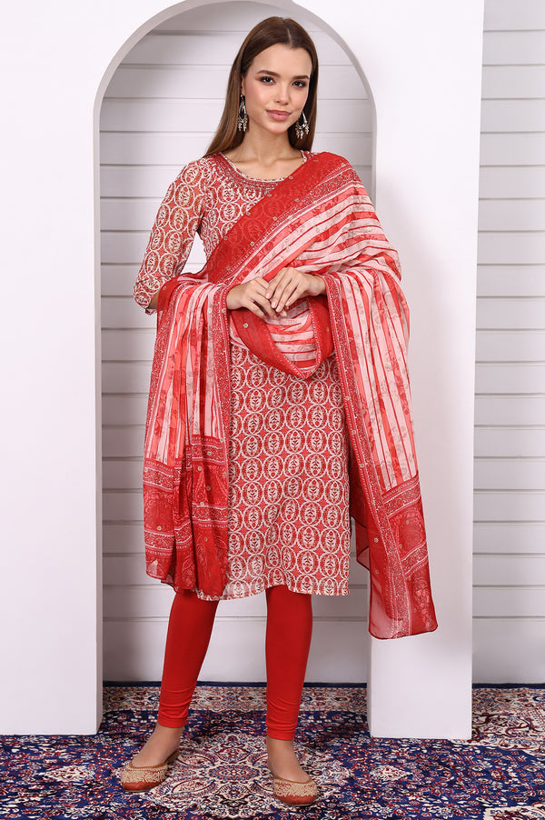 Red Abstract Printed Georgette Straight Kurta with Embroidered Round Neck