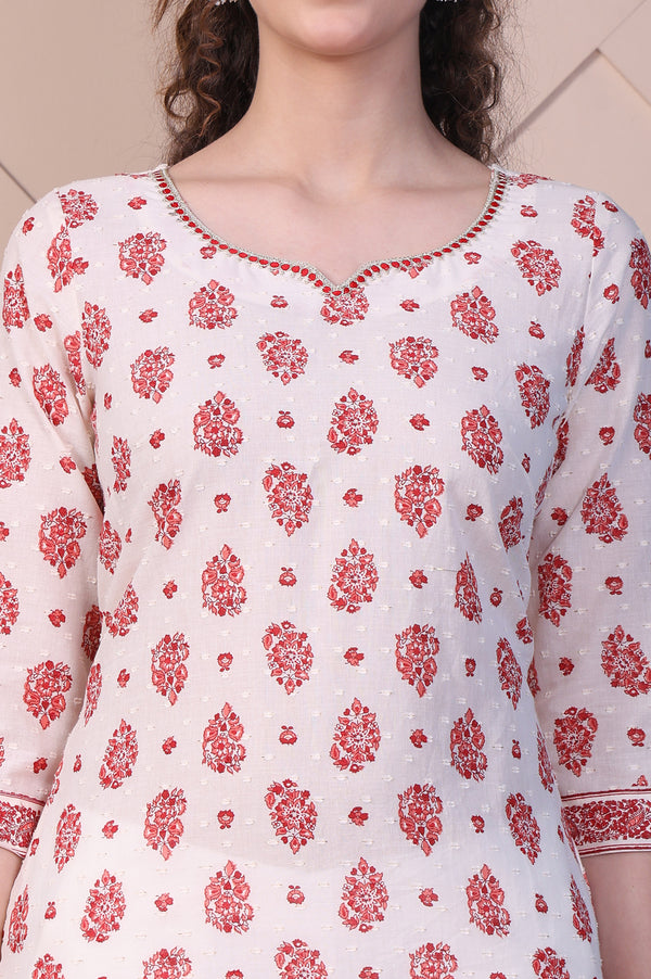 Cream Ethnic Motifs Cotton Blend Straight Kurta