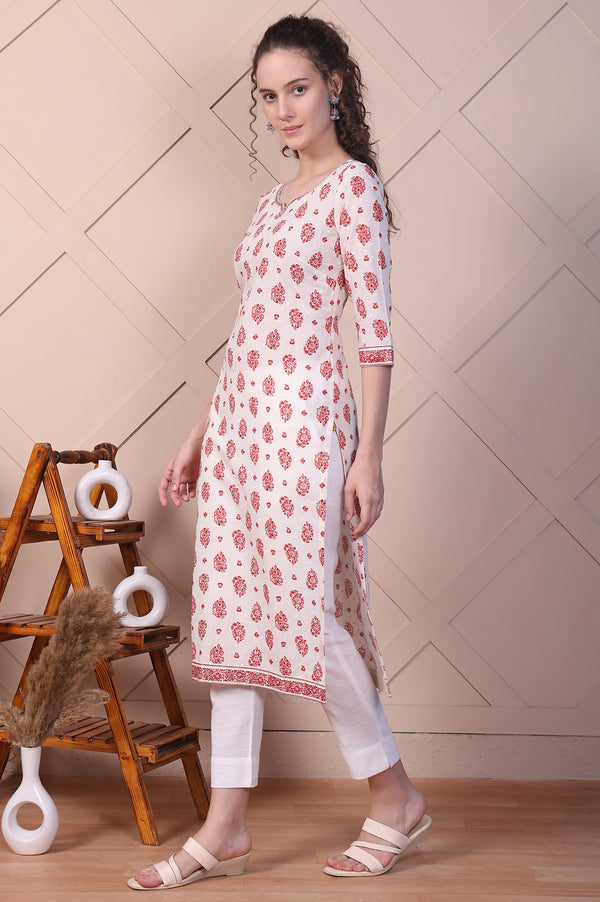 Cream Ethnic Motifs Cotton Blend Straight Kurta