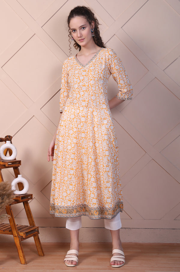 Orange Floral Printed Cotton Lurex Anarkali Kurta