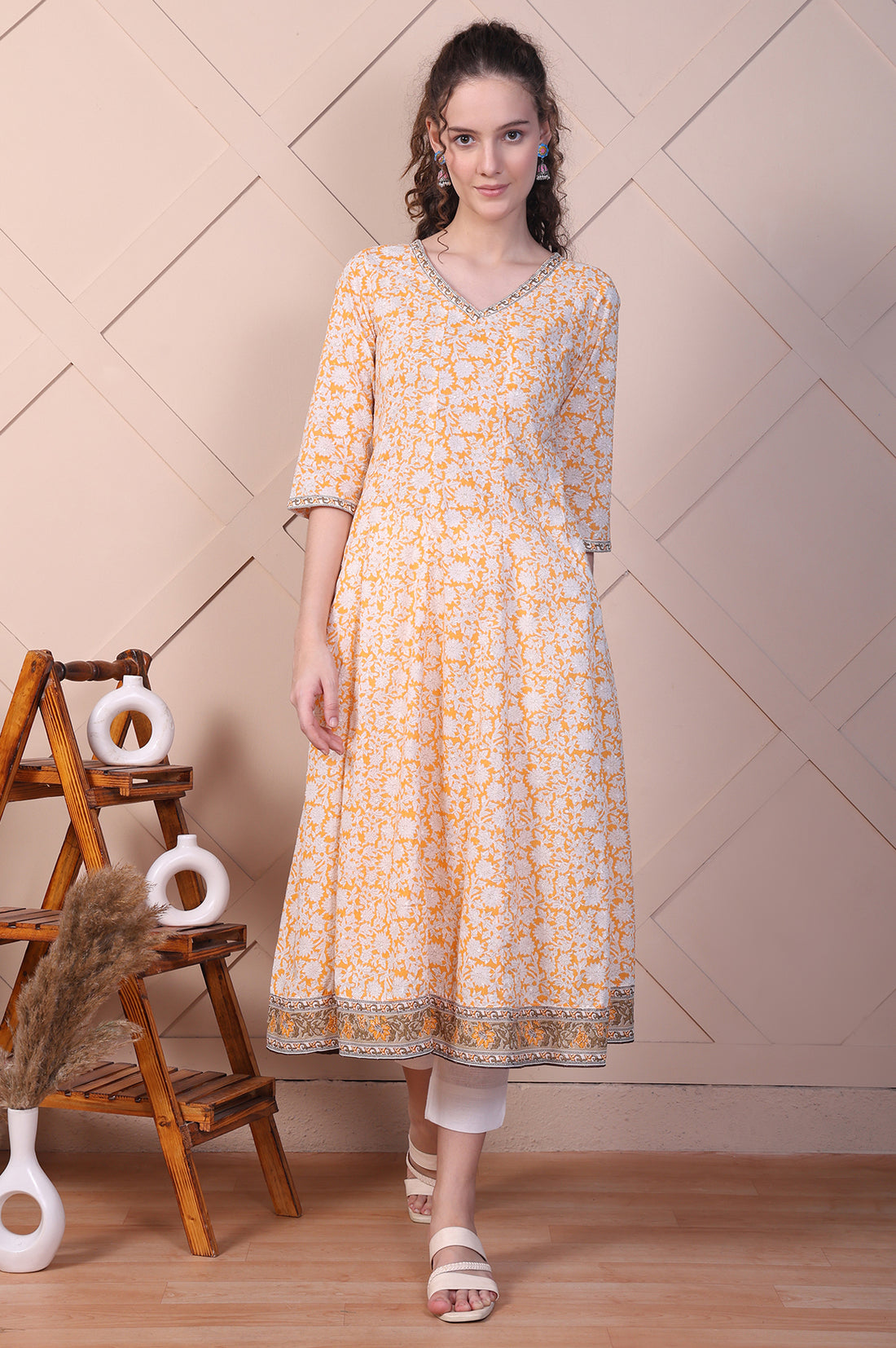 Orange Floral Printed Cotton Lurex Anarkali Kurta