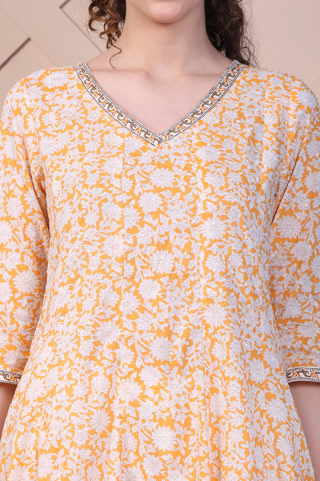 Orange Floral Printed Cotton Lurex Anarkali Kurta