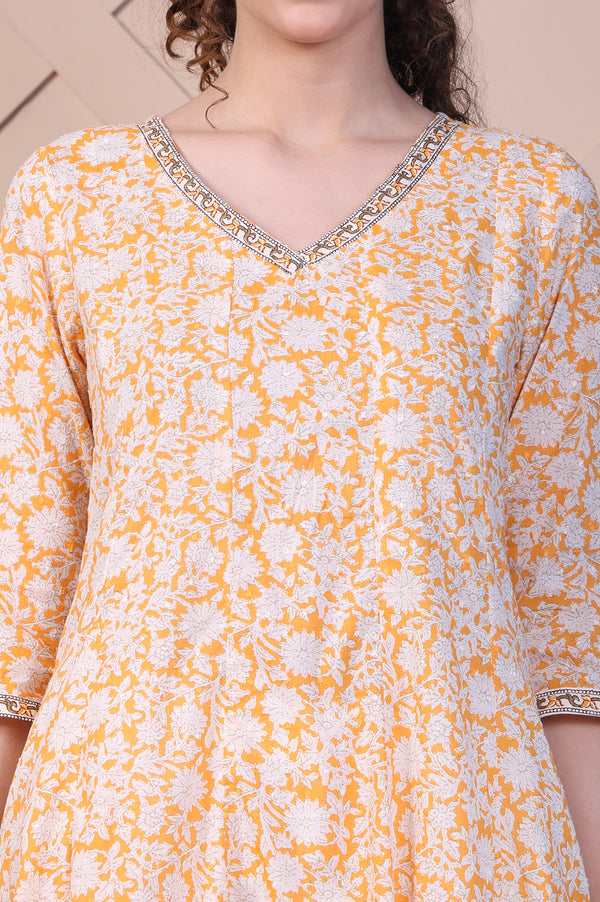 Orange Floral Printed Cotton Lurex Anarkali Kurta