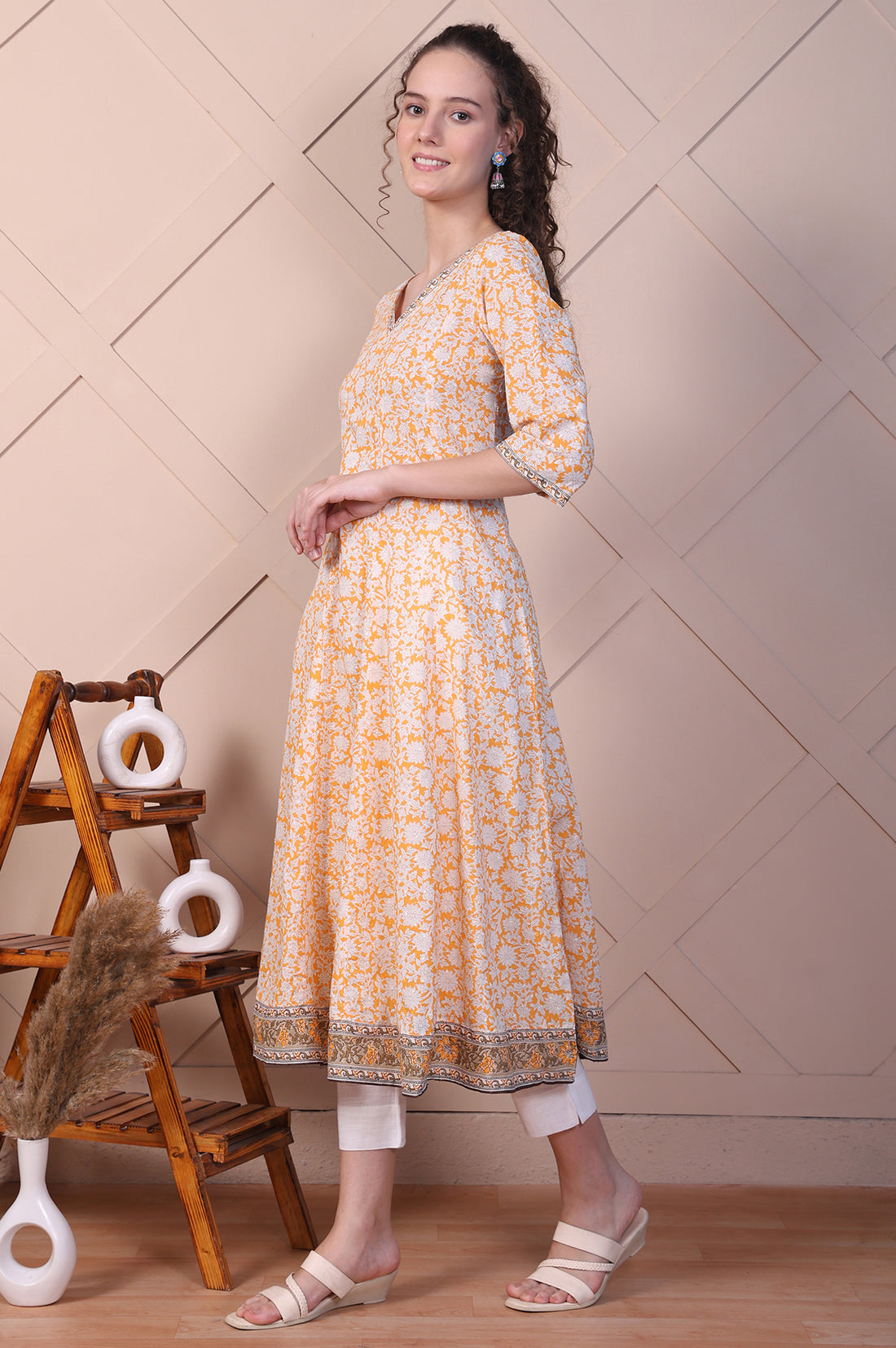 Orange Floral Printed Cotton Lurex Anarkali Kurta