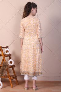 Orange Floral Printed Cotton Lurex Anarkali Kurta