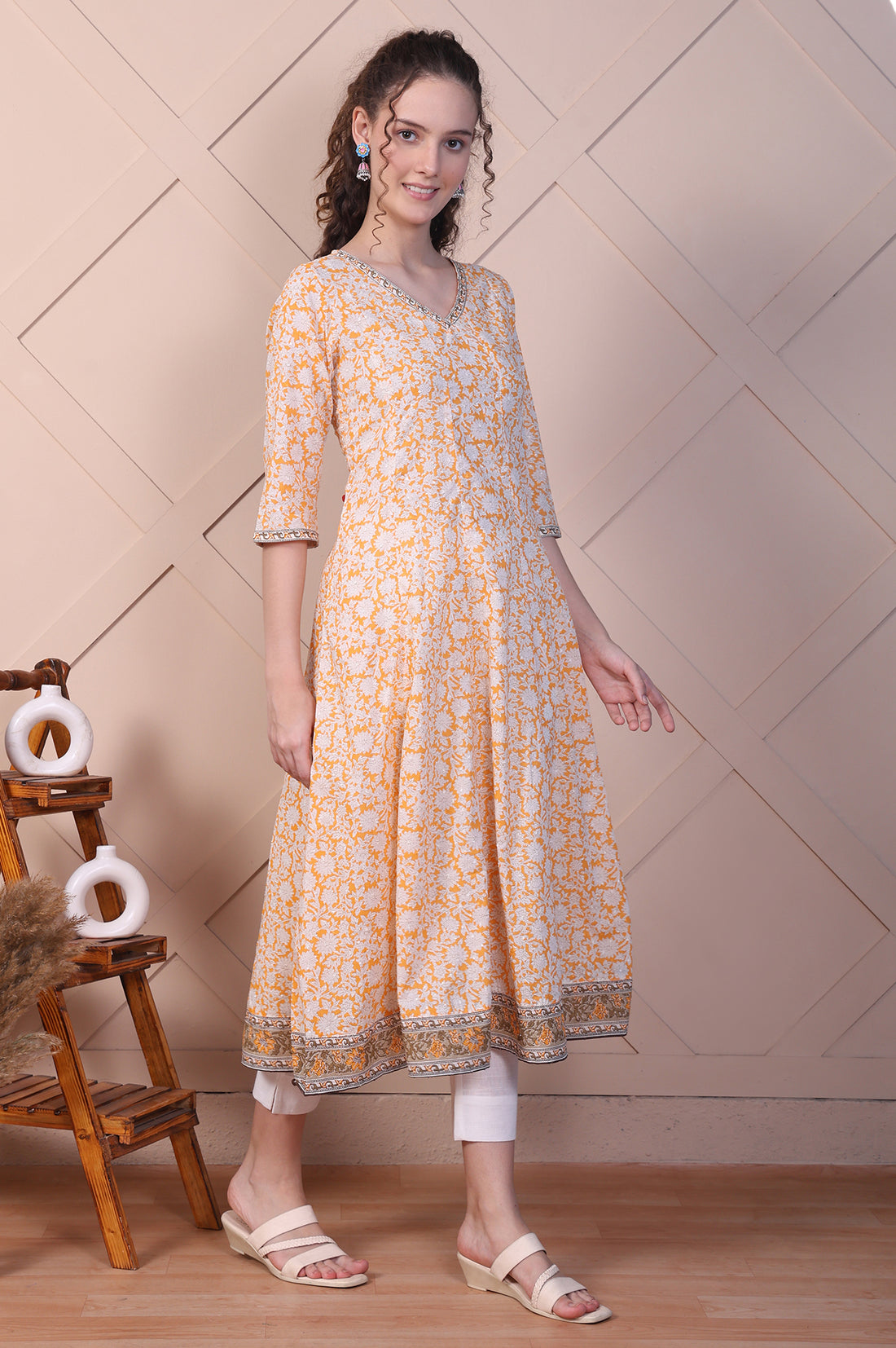 Orange Floral Printed Cotton Lurex Anarkali Kurta