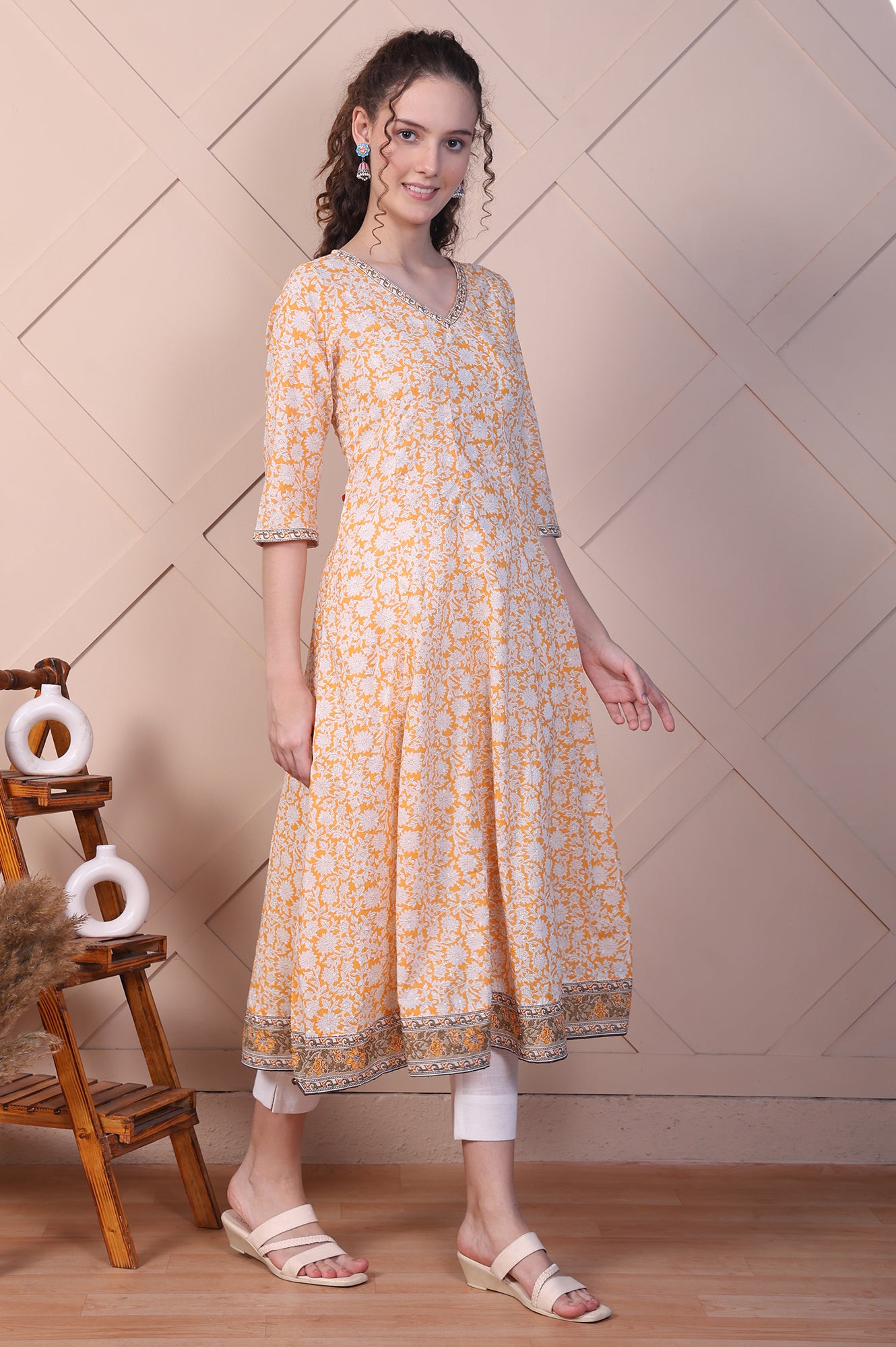 Orange Floral Printed Cotton Lurex Anarkali Kurta