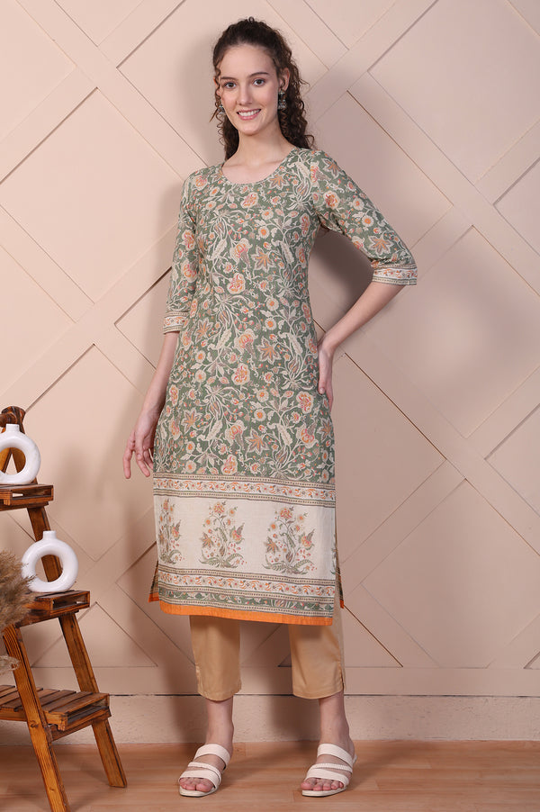 Green Floral Printed Cotton Lurex Straight Kurta