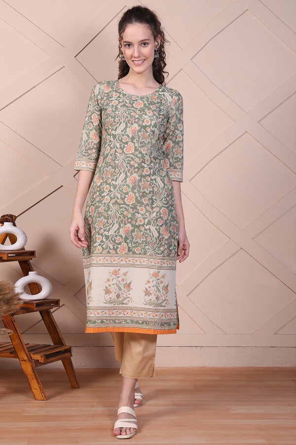 Green Floral Printed Cotton Lurex Straight Kurta