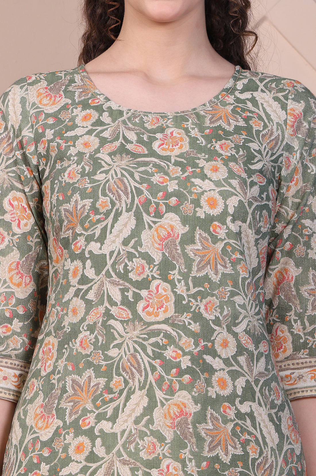 Green Floral Printed Cotton Lurex Straight Kurta