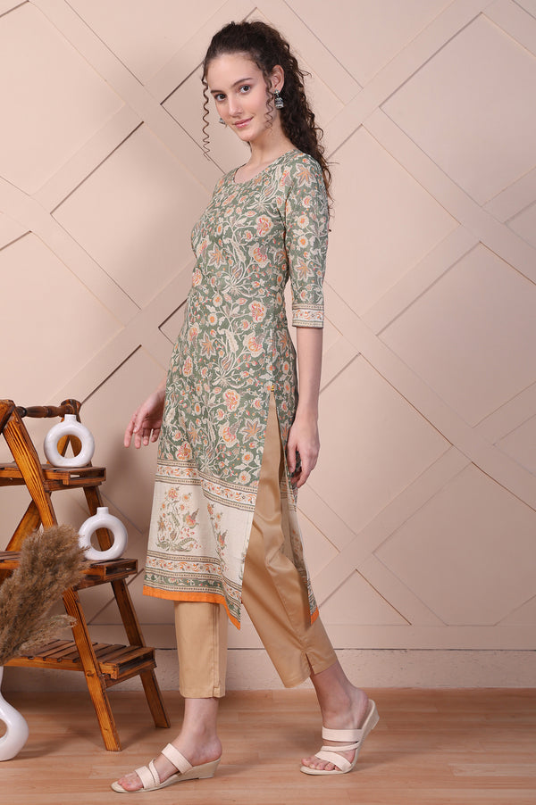 Green Floral Printed Cotton Lurex Straight Kurta