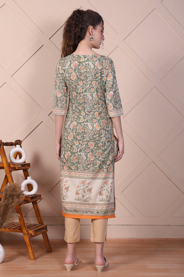 Green Floral Printed Cotton Lurex Straight Kurta