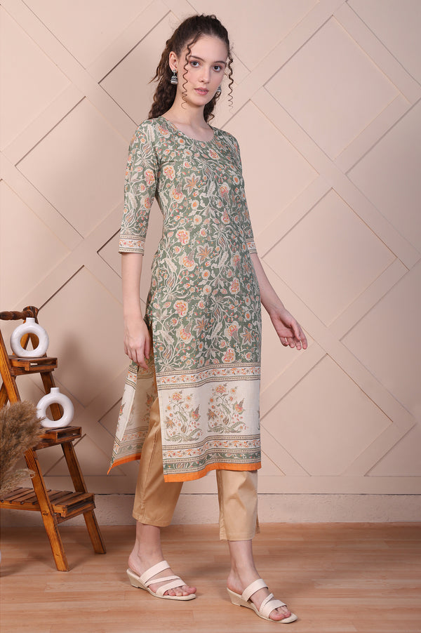 Green Floral Printed Cotton Lurex Straight Kurta