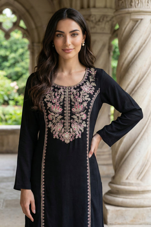 Black Embroidered Acrylic Straight Winter Kurta