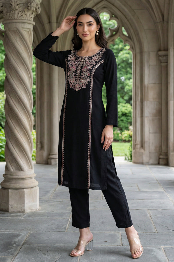 Black Embroidered Acrylic Straight Winter Kurta
