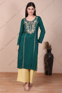 Green Embroidered Acrylic Straight Kurta