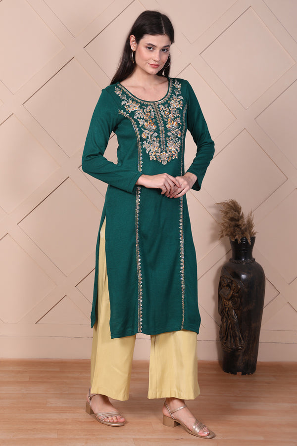 Green Embroidered Acrylic Straight Kurta