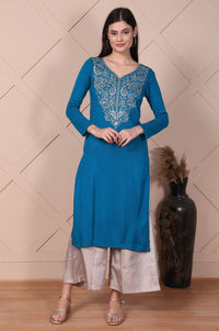 Blue Embroidered Acrylic Straight Kurta