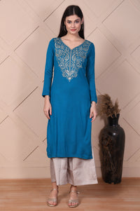 Blue Embroidered Acrylic Straight Kurta