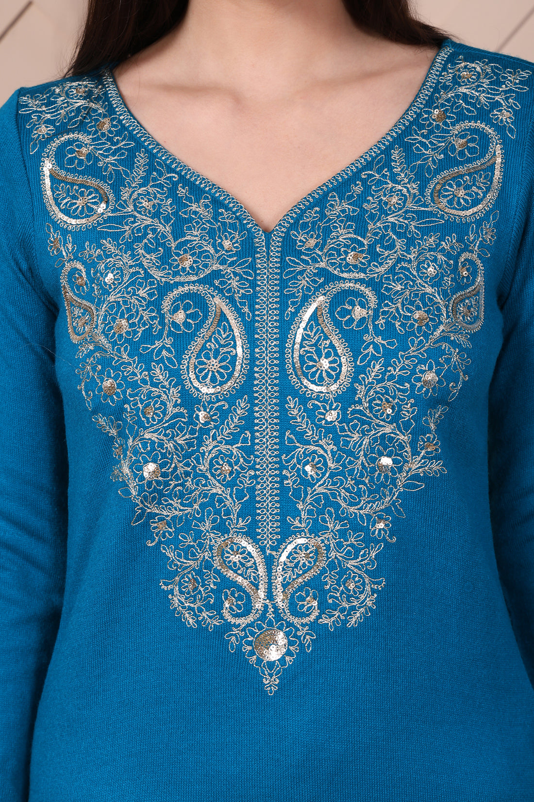 Blue Embroidered Acrylic Straight Kurta