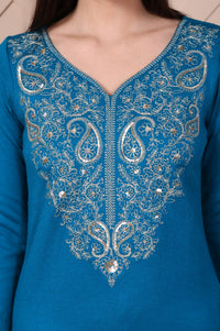 Blue Embroidered Acrylic Straight Kurta