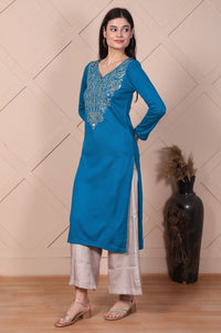 Blue Embroidered Acrylic Straight Kurta