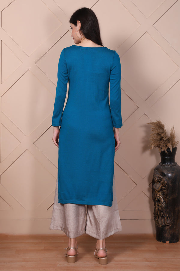 Blue Embroidered Acrylic Straight Kurta