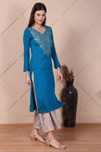 Blue Embroidered Acrylic Straight Kurta