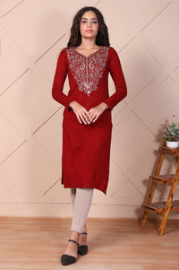 Red Embroidered Paisley Zari Work Straight Acrylic Kurta